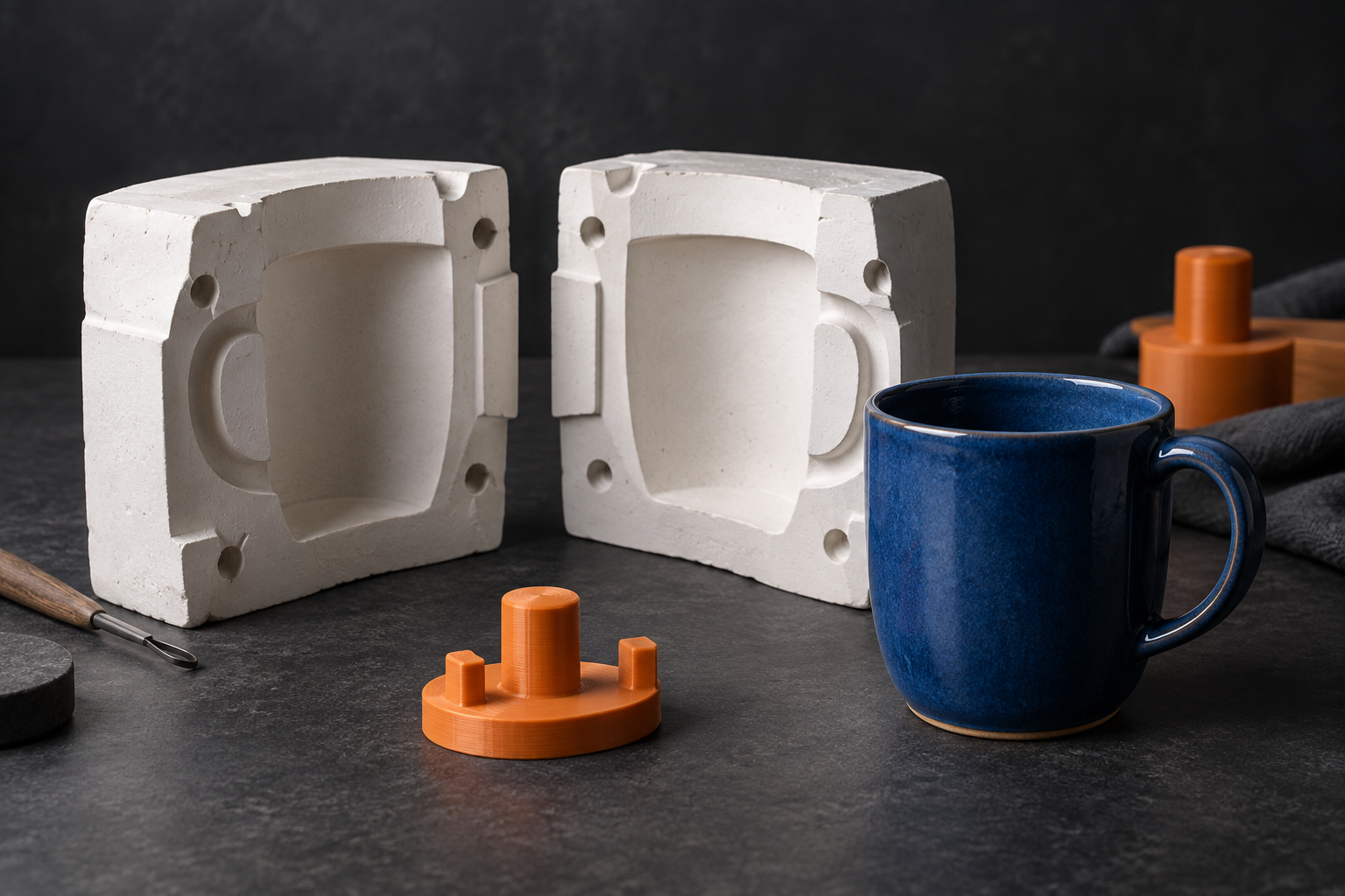 Studio concept showing split plaster mold pieces, orange printed tooling and a blue ceramic cup